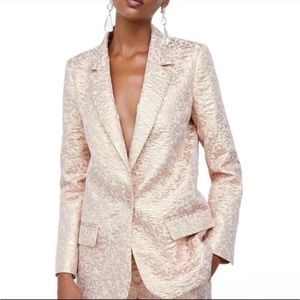 Zara Champagne Gold Blush Oversized Metallic Jacquard Blazer Jacket Womens XS